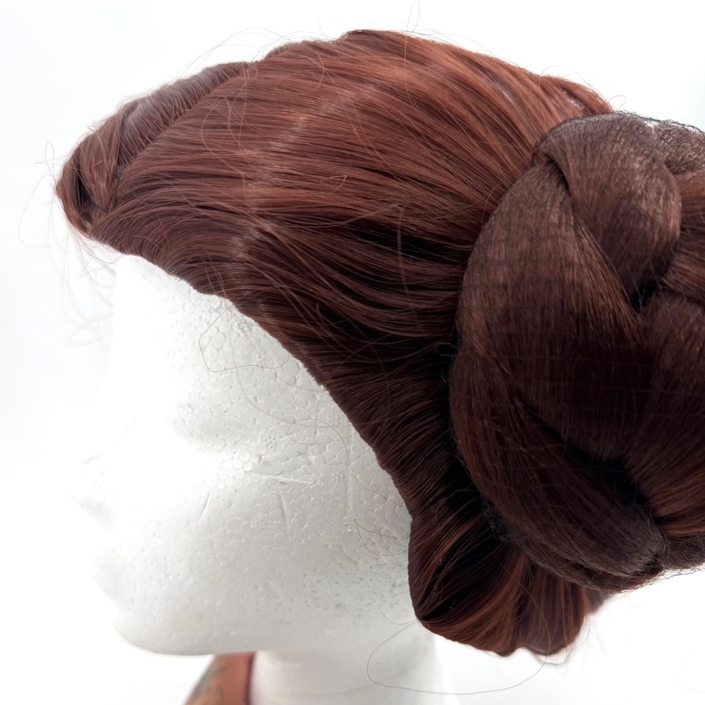 Auburn Brown Princess Leia Cosplay Wig Braided Side Buns Synthetic Costume